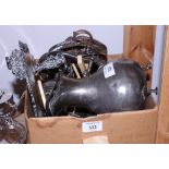 A box of various silver plated items, including ladles, teapots, etc