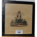 Four 19th century hand-coloured prints, street vendors, in strip frames, and a number of other