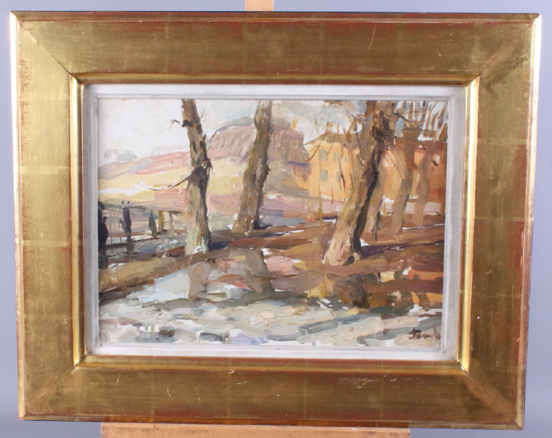 Valeriy Gridnev: oil on panel, winter woodland scene, 10" x 15", in gilt frame