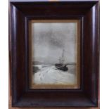 Pery Fyertzch, 1908?: oil on glass, winter harbour scene, 6 3/4" x 4 3/4", in grained as walnut