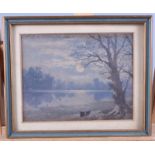 A 19th century watercolour study moonlit lake, 5" x 6 1/4", in strip frame, a late 19th century