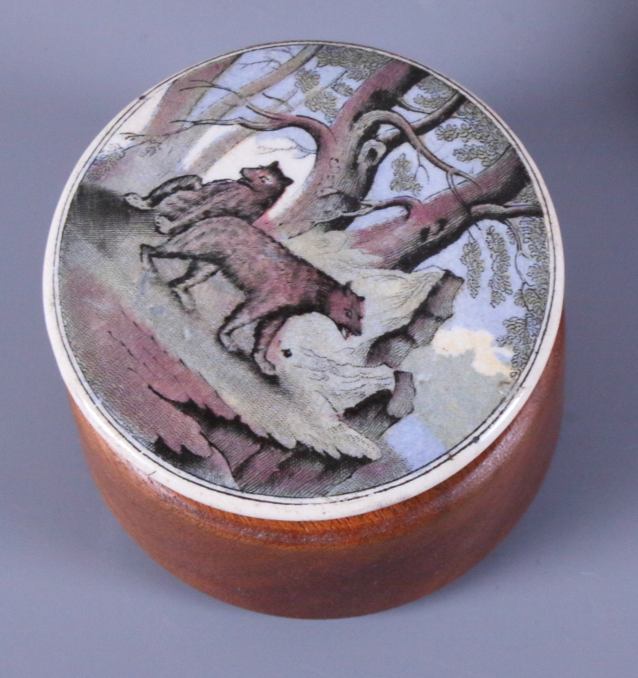 Five 19th century Prattware pot lids including The Wolf and the Lamb, On Guard and three others - Image 3 of 6