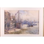 E Blacklock, 1911: watercolours, Thames dock scene at low tide with mudlarks, lighters and cranes,