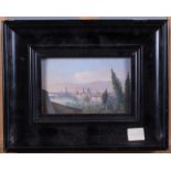 19th century Florentine School: oil on board, view of Florence, 3 1/4" x 5 1/4", in ebonised frame