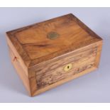 A 19th century figured walnut and banded brass line inlaid work box with fitted interior, 12" wide