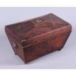 A Regency mahogany three-division sarcophagus tea caddy with twin lion mask handles, on brass