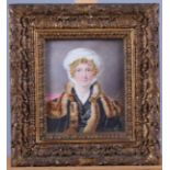 A pair of early 19th century portrait miniatures on ivory, unknown women with headscarves, 3 3/4"