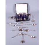 A cased set of six silver coffee spoons, a number of silver and white metal teaspoons, etc, and a