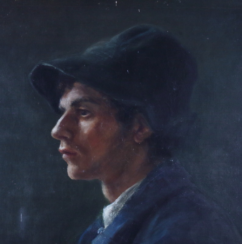 Early 20th century British School: oil on canvas, profile portrait of a young man wearing a hat, - Bild 2 aus 3