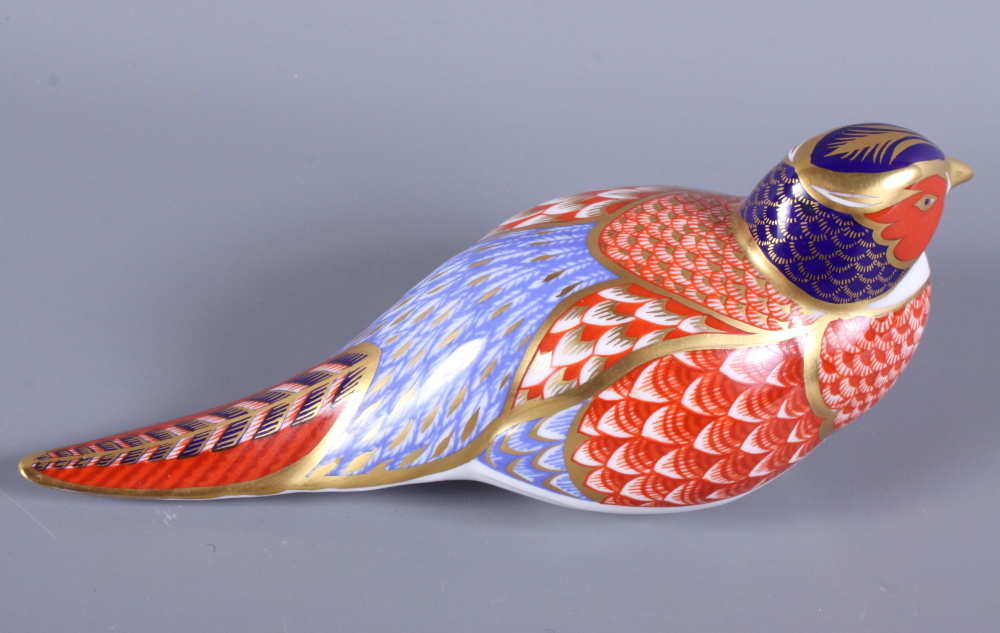 A Royal Crown Derby porcelain paperweight, in the form of a pheasant, with gold button to base, 6" - Image 2 of 3
