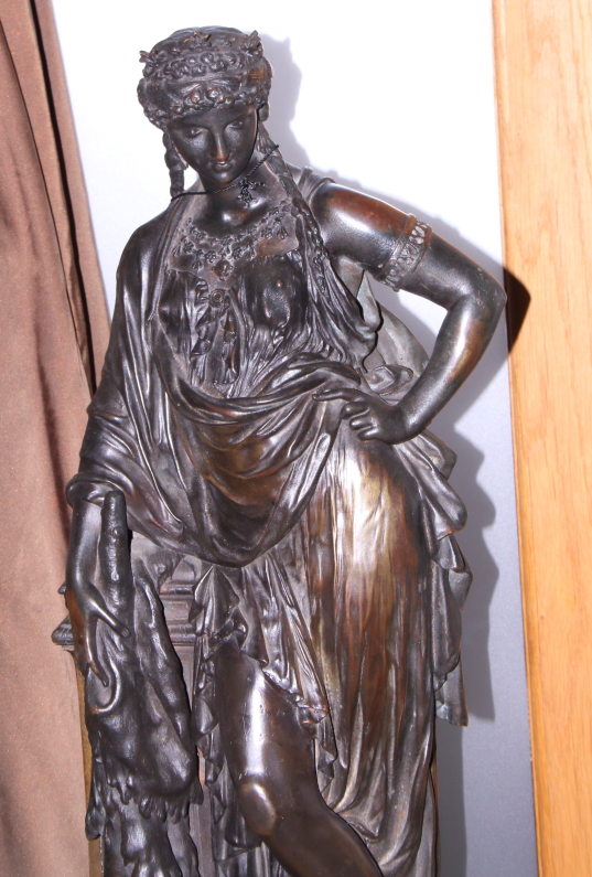 A late 19th century bronze and ormolu mounted mantel clock with classical figure surmount, woman - Image 2 of 5