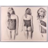 Robbie Wraith: a charcoal, triple study of a girl in corset, 19" x 25", in gilt frame