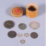 Coins, including a silver three shilling bank token dated 1811, a cartwheel two pence dated 1797 and