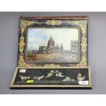 A papier-mache folio cover with inlaid glazed panel depicting St Paul's Cathedral, 12" wide, and a