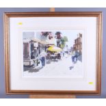 John Yardley: watercolours, "High Street Cafe", 12" x 15", in gilt frame