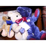 A collection of various teddy bears, including three Jersey for Liberation bears, etc