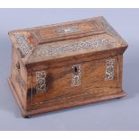 A 19th century inlaid rosewood two-division tea caddy with mother-of-pearl scroll decoration, on