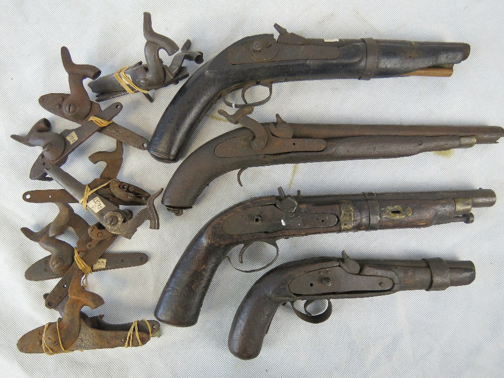 Four antique percussion cap pistols and a quantity of mechanisms. a/f.