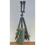 Soviet 'Bunny Ears' binoculars on tripod, Cold War era.