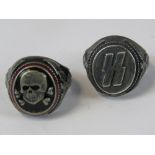 Two Nazi German SS rings: a deaths head enamel ring (stamped "..