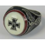 A Nazi German Iron cross ring with black, white and red enamel,