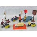 A collection of vintage, die-cast models including a Dinky Toys B.E.V.