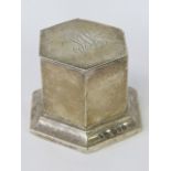 A HM silver hexagonal column base style inkwell, filled base, hinge a/f,
