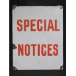 An enameled sign 'Special Notices' measuring 20cm x 16.