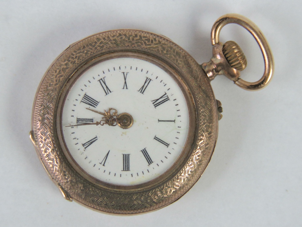 A rose metal fob watch, enamelled and engraved bird and floral scene to case back, open face,