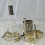 A small collection of HM silver items: a small tankard; silver collared perfume bottle with stopper;