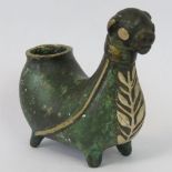 A stylised South American antique bronze incense burner of animal form, raised over four feet,