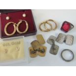 A quantity of gold and silver jewellery; 9ct gold hoop earrings 1g, 9ct gold swallow earrings,
