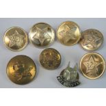 Five Soviet army buttons, two British army buttons and a Boy Scout lapel badge.