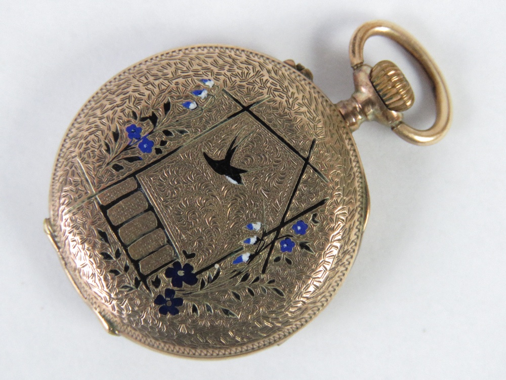 A rose metal fob watch, enamelled and engraved bird and floral scene to case back, open face, - Image 2 of 2