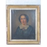 Oil on canvas. Victorian lady, lace collar with mourning brooch.