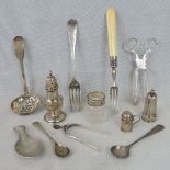 A collection of HM silver items; three single pepperettes (one Victorian),