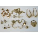 9ct gold jewellery; three pairs of HM 9ct gold stud earrings, two chains stamped 9k,