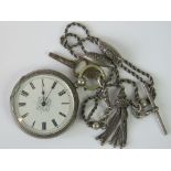A silver open face pocket watch with silver Albertina chain, No86007, with key,