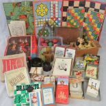 A quantity of vintage playing cards, games, bakelite tiddly-winks, miniature snooker balls etc.