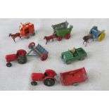 A collection of small, vintage, die-cast models: a Lesney open topped military Land Rover,