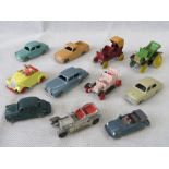 Ten vintage, die-cast model cars with a Morestone Noddy and his car; six Lesney cars,