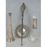 A collection of HM silver items; cut glass perfume bottle with HM silver collar,