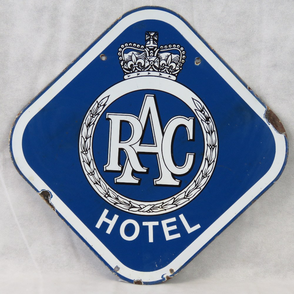 An original vintage tin-plate enamelled RAC Hotel sign 56cm x 56.