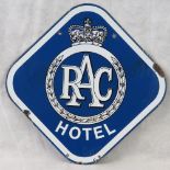 An original vintage tin-plate enamelled RAC Hotel sign 56cm x 56.