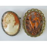 A shell cameo set in marcasite encrusted white metal brooch/pendant frame,