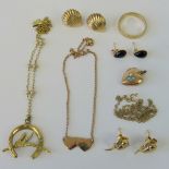 Three pairs of 9ct gold earrings, a 9ct gold band, a 9ct gold chain necklace,