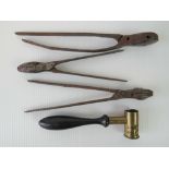 Three blacksmith-made shot mould pliers (together with a half-pair) and also a brass shot measure.