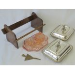 An assortment of items; a mahogany book rack, a pair of silver plated entree dishes,