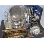 A quantity of assorted metalware including EPNS serving tray, pewter tankards, boxed flatware,