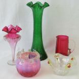 A quantity of five Victorian cranberry and crackle glass items, a/f.